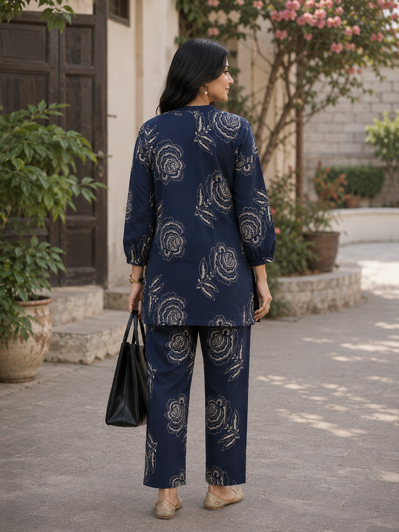 Elegant Navy Floral Printed Co-Ord Set