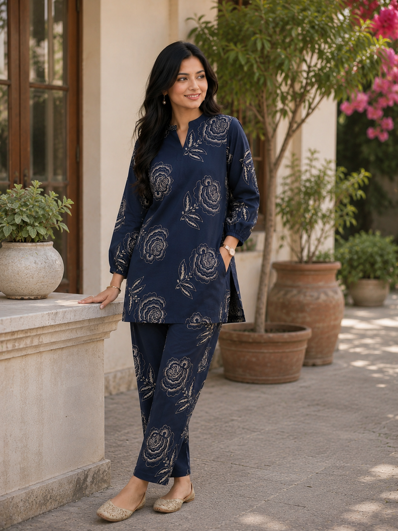 Elegant Navy Floral Printed Co-Ord Set