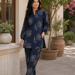 Elegant Navy Floral Printed Co-Ord Set