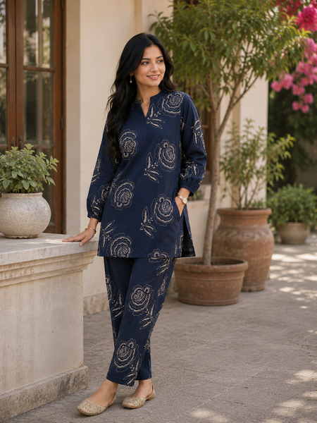 Elegant Navy Floral Printed Co-Ord Set