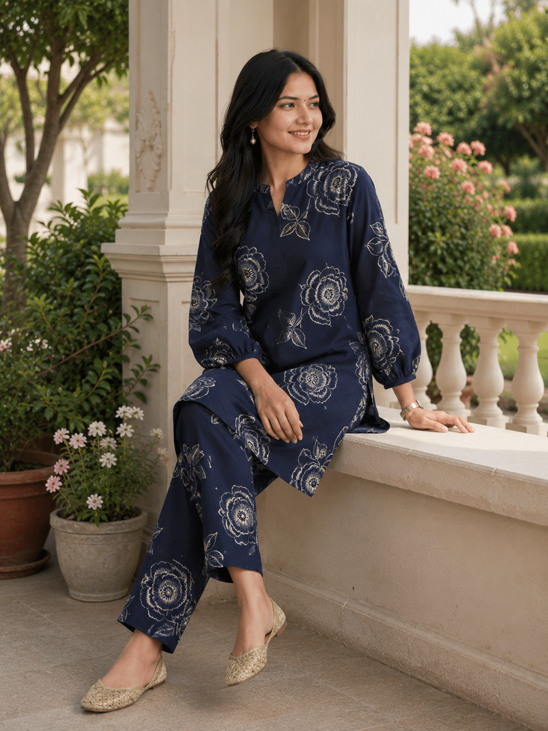 Elegant Navy Floral Printed Co-Ord Set