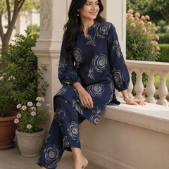 Elegant Navy Floral Printed Co-Ord Set