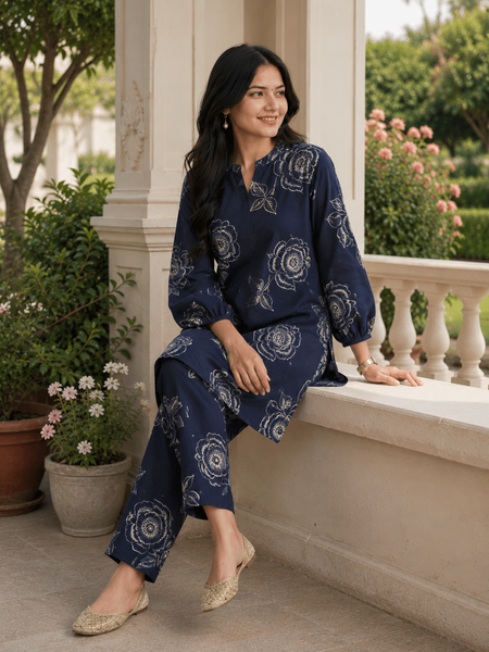 Elegant Navy Floral Printed Co-Ord Set