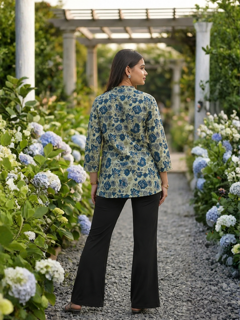 Floral Breeze Blue Cotton Kurti