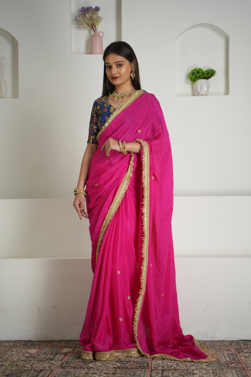 Rani Pink Chinon Saree with Brocade Blouse