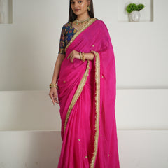 Rani Pink Chinon Saree with Brocade Blouse