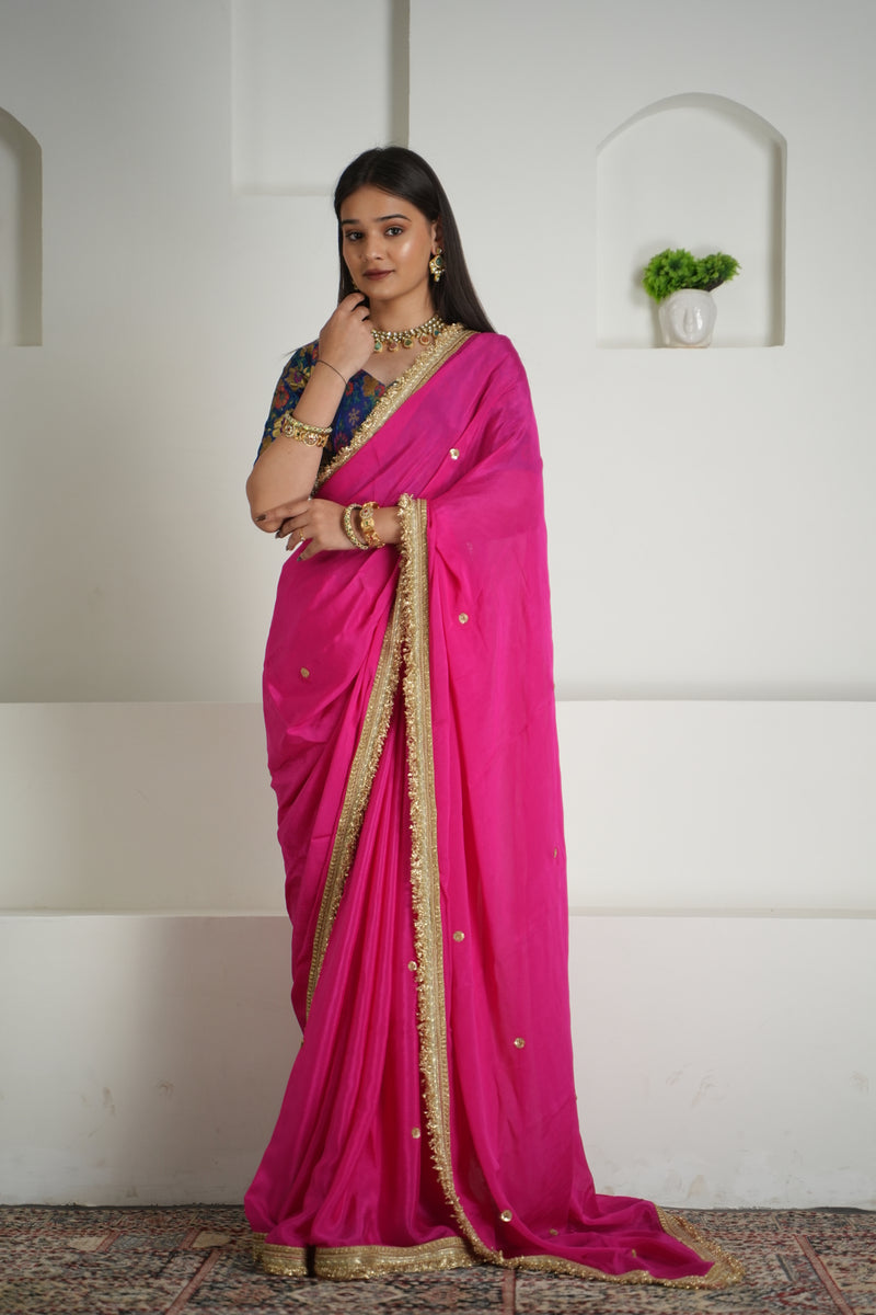 Rani Pink Chinon Saree with Brocade Blouse