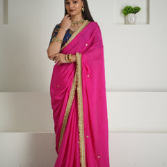 Rani Pink Chinon Saree with Brocade Blouse