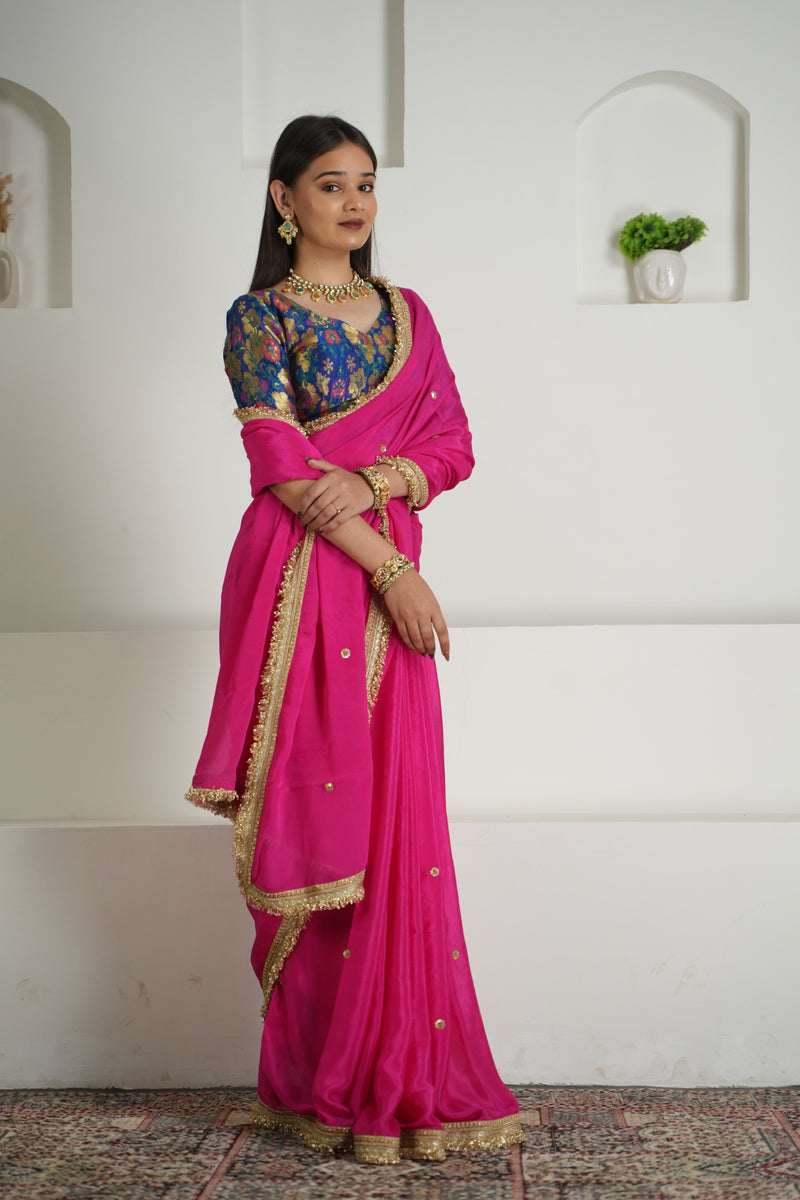 Rani Pink Chinon Saree with Brocade Blouse