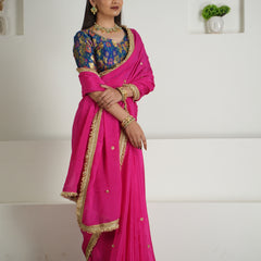 Rani Pink Chinon Saree with Brocade Blouse