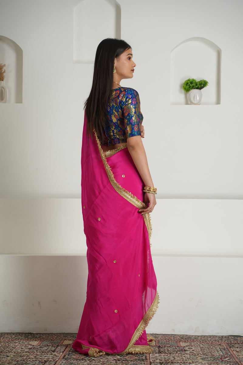 Rani Pink Chinon Saree with Brocade Blouse