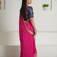 Rani Pink Chinon Saree with Brocade Blouse