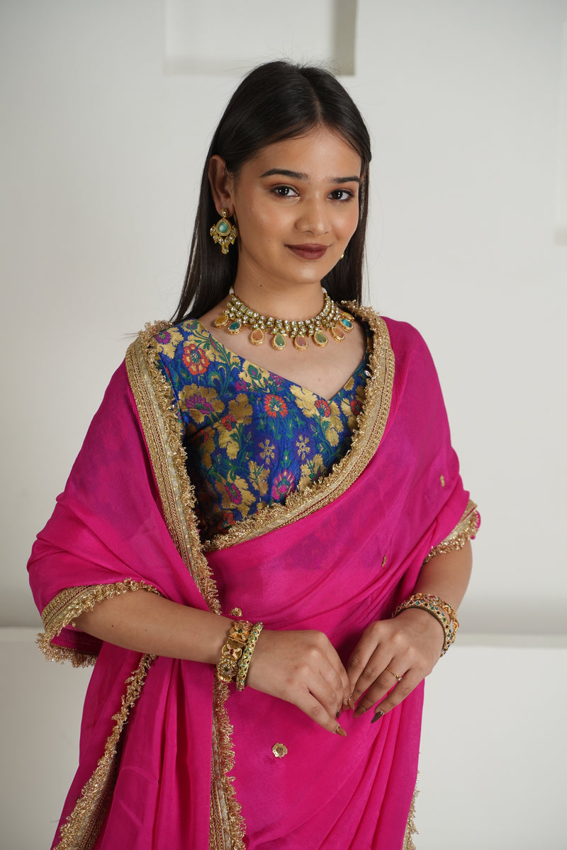 Rani Pink Chinon Saree with Brocade Blouse
