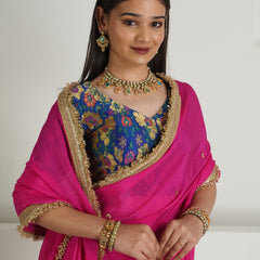 Rani Pink Chinon Saree with Brocade Blouse