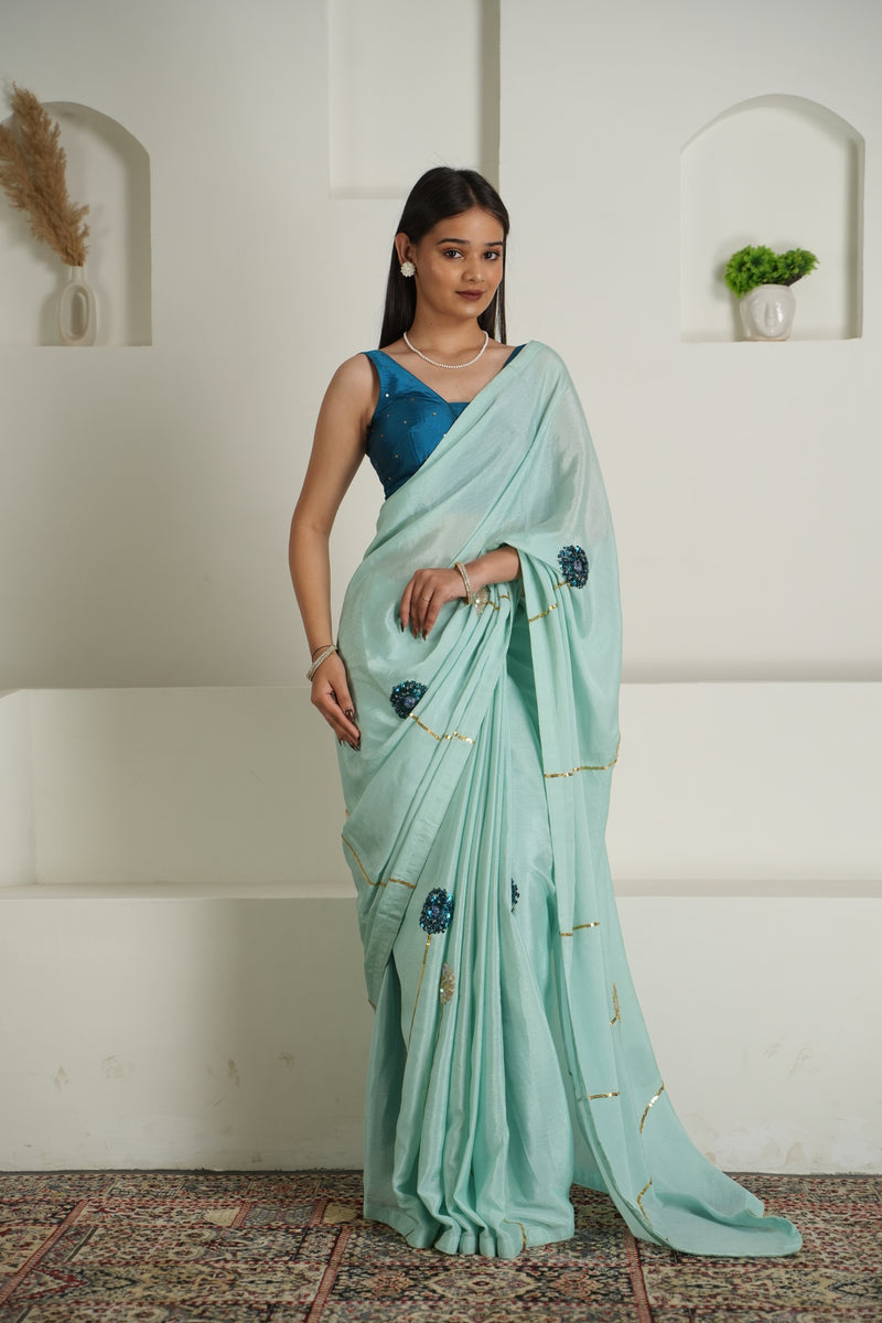 Soft Sage Green Chinon Saree Set