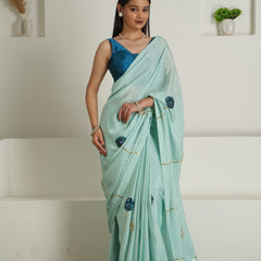 Soft Sage Green Chinon Saree Set