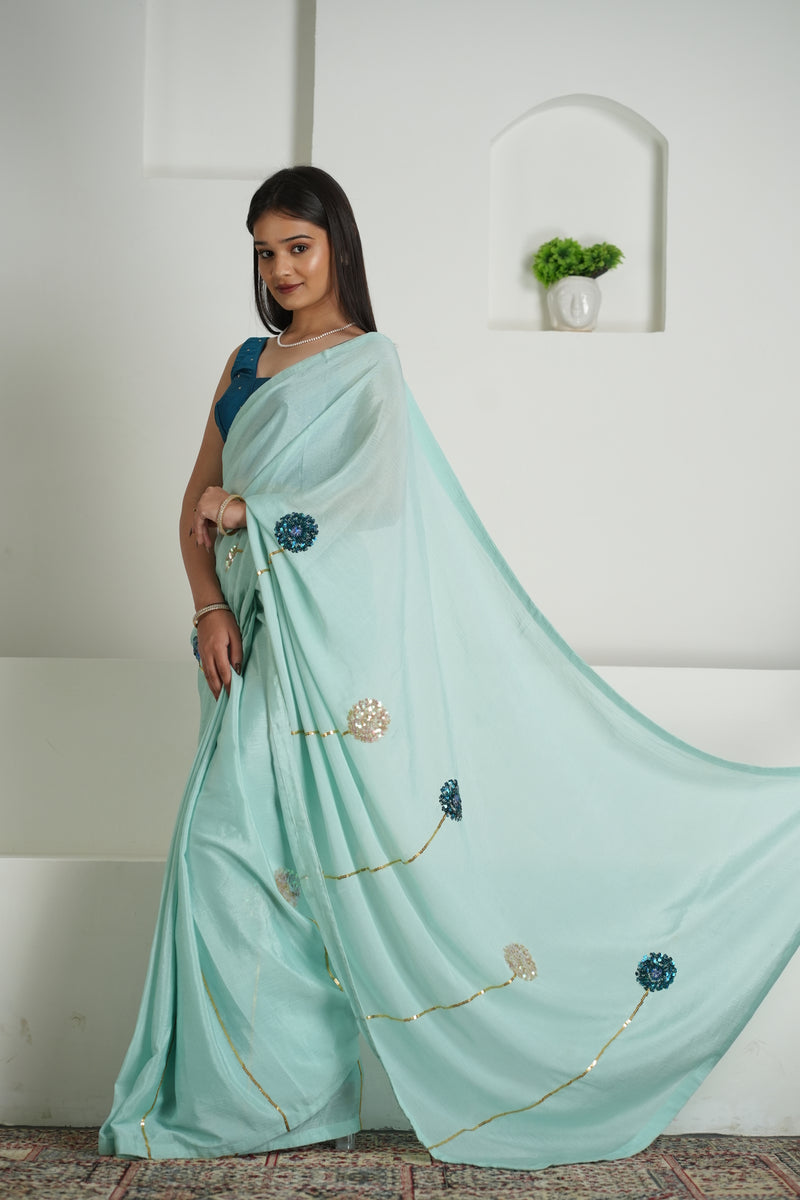 Soft Sage Green Chinon Saree Set