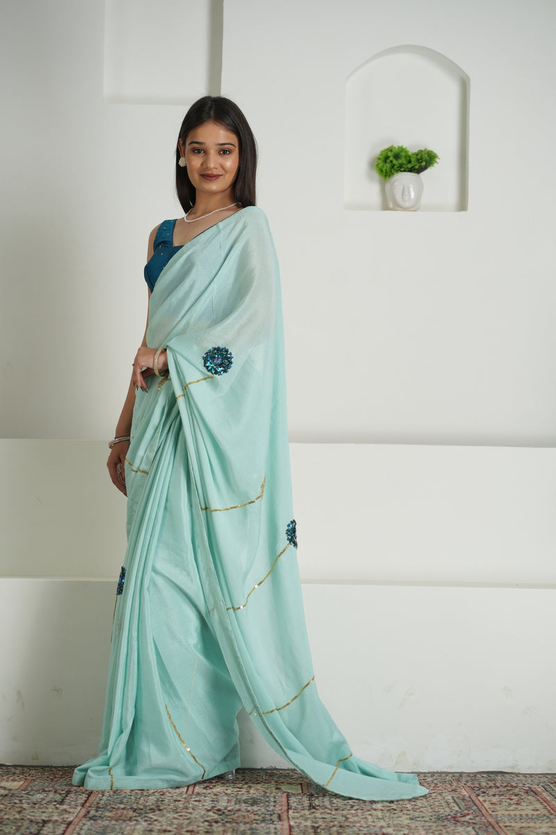 Soft Sage Green Chinon Saree Set