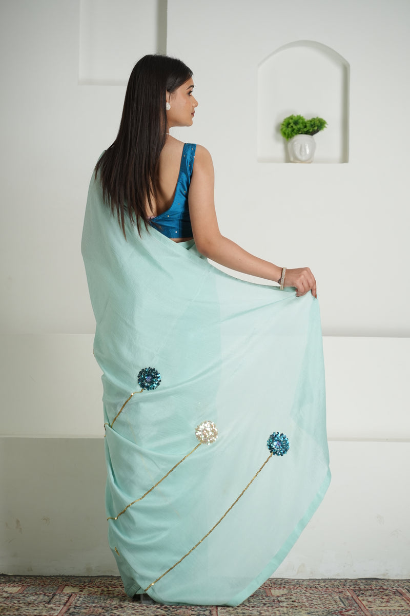 Soft Sage Green Chinon Saree Set