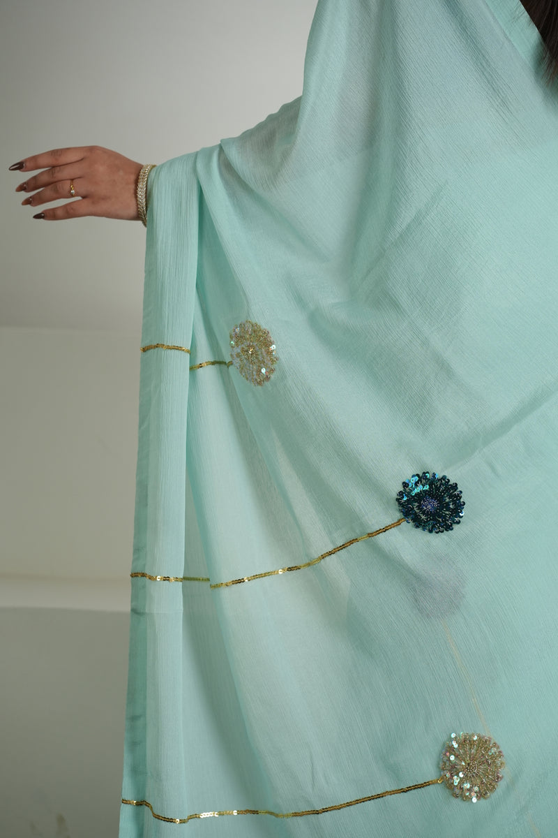 Soft Sage Green Chinon Saree Set