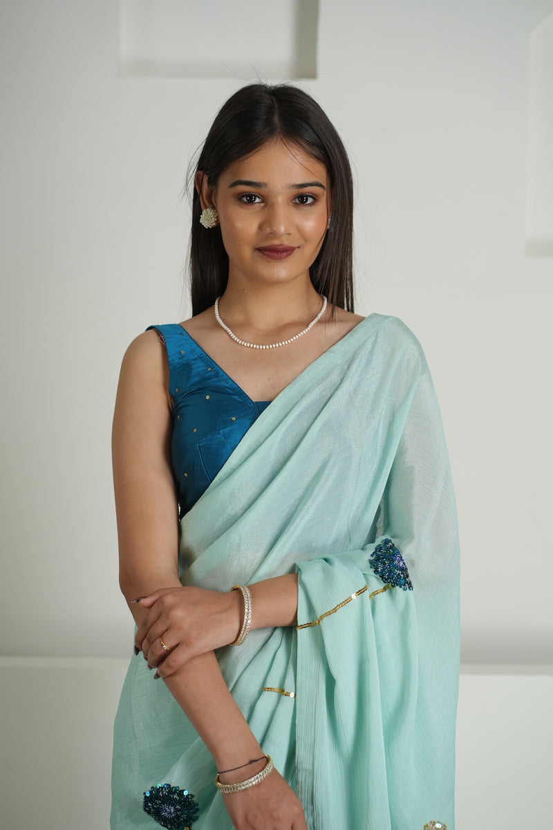 Soft Sage Green Chinon Saree Set