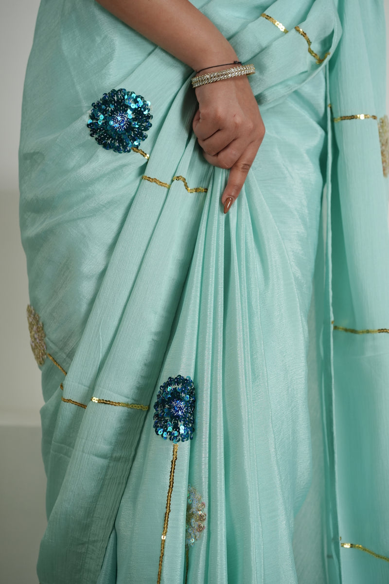 Soft Sage Green Chinon Saree Set