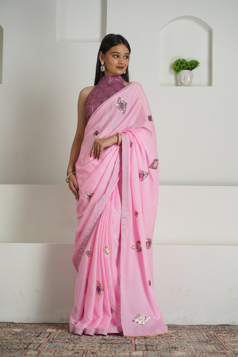 Blush Pink Chinon Saree with Sequin Blouse