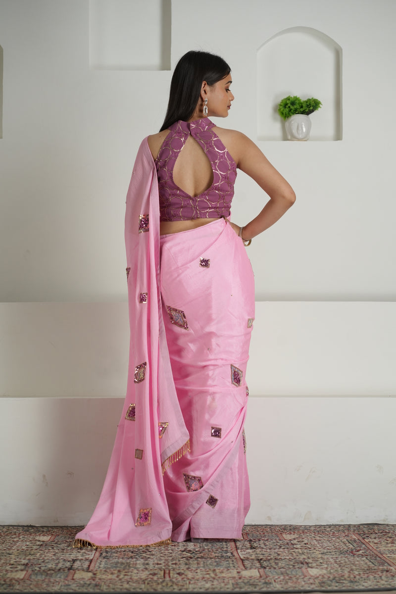 Blush Pink Chinon Saree with Sequin Blouse