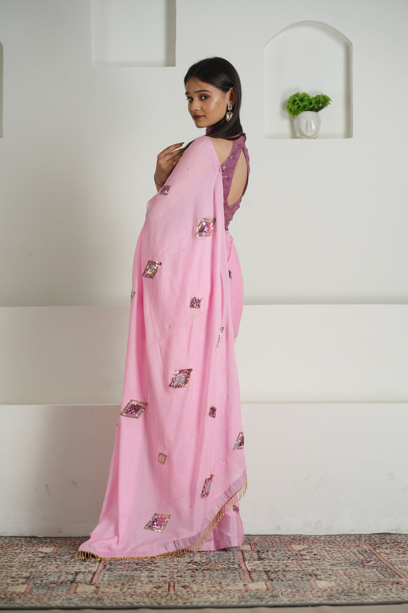 Blush Pink Chinon Saree with Sequin Blouse