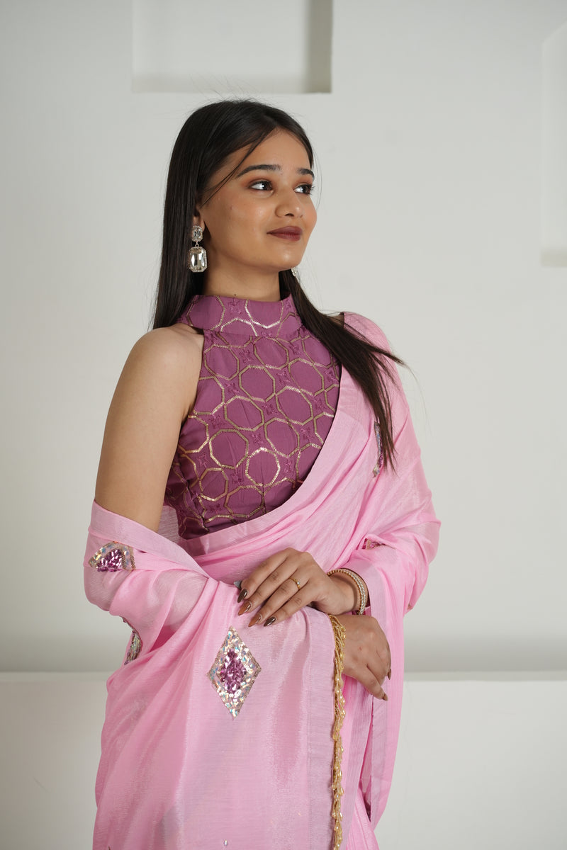 Blush Pink Chinon Saree with Sequin Blouse