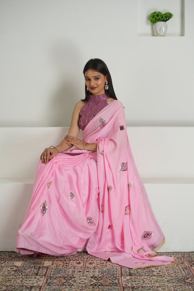 Blush Pink Chinon Saree with Sequin Blouse