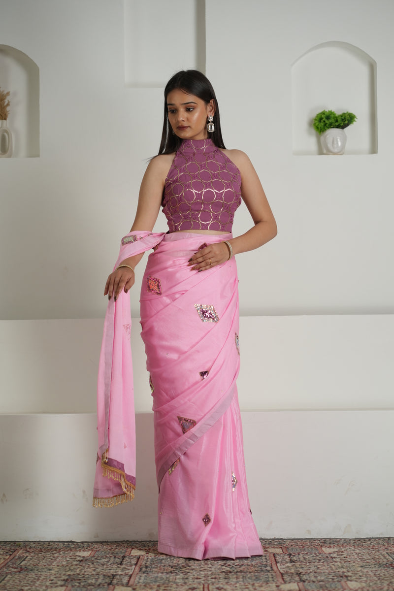 Blush Pink Chinon Saree with Sequin Blouse