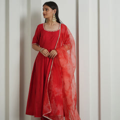 Royal Red Anarkali Suit with Organza