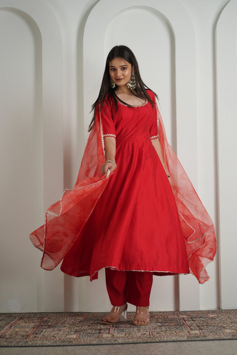 Royal Red Anarkali Suit with Organza