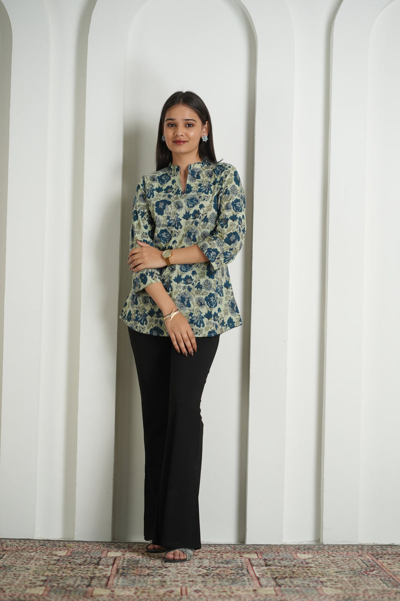 Emerald Green Floral Print Cotton Kurti Top