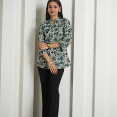 Emerald Green Floral Print Cotton Kurti Top