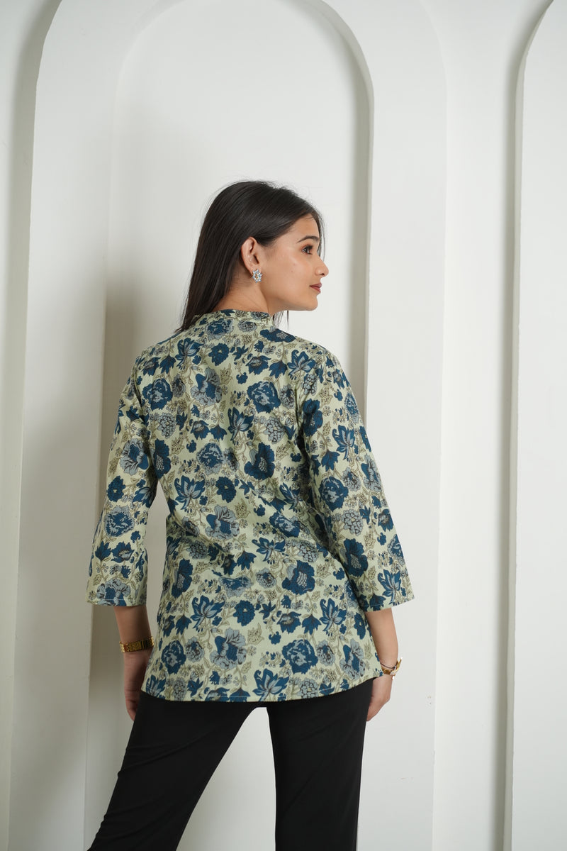 Emerald Green Floral Print Cotton Kurti Top