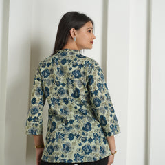 Emerald Green Floral Print Cotton Kurti Top