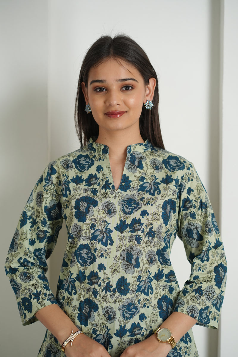 Emerald Green Floral Print Cotton Kurti Top