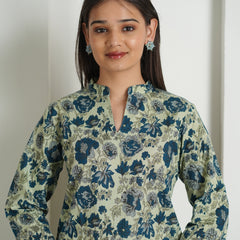 Emerald Green Floral Print Cotton Kurti Top