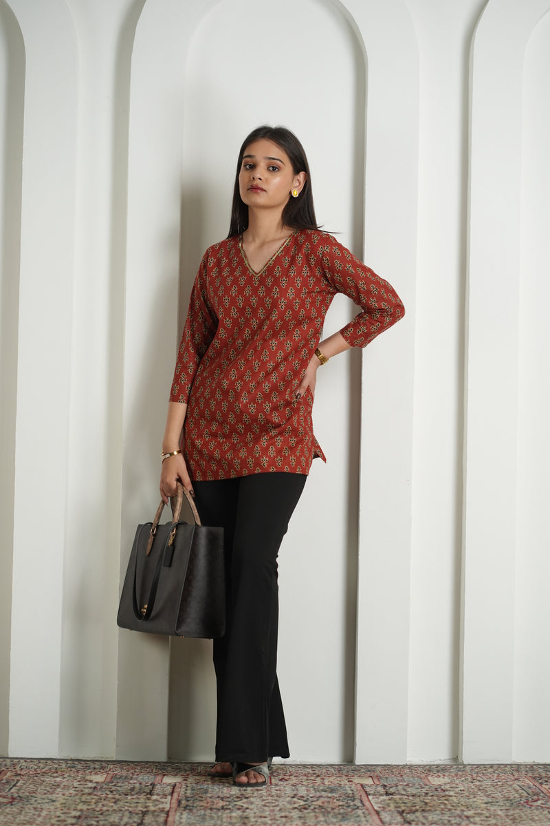 Emerald Green Floral Print Cotton Kurti Top