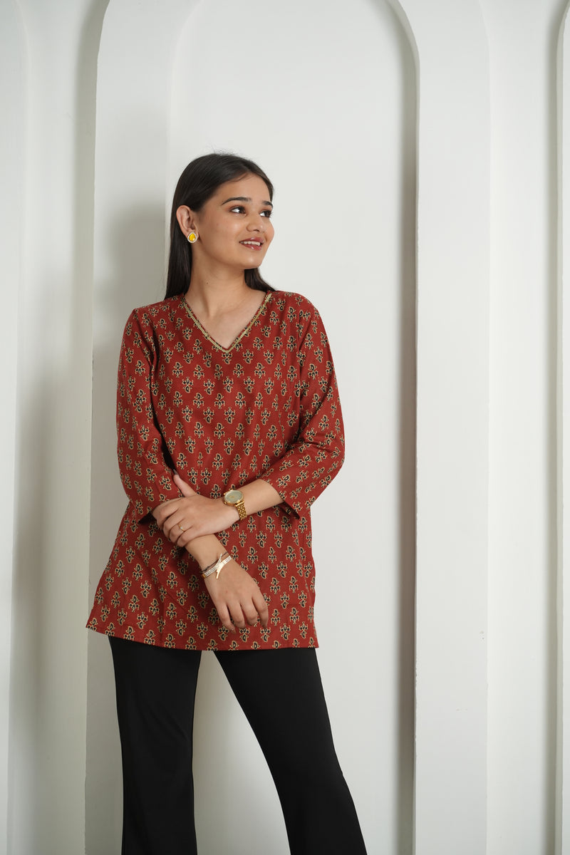 Emerald Green Floral Print Cotton Kurti Top