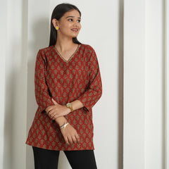 Emerald Green Floral Print Cotton Kurti Top