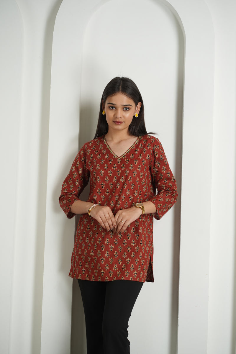 Emerald Green Floral Print Cotton Kurti Top