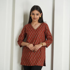 Emerald Green Floral Print Cotton Kurti Top
