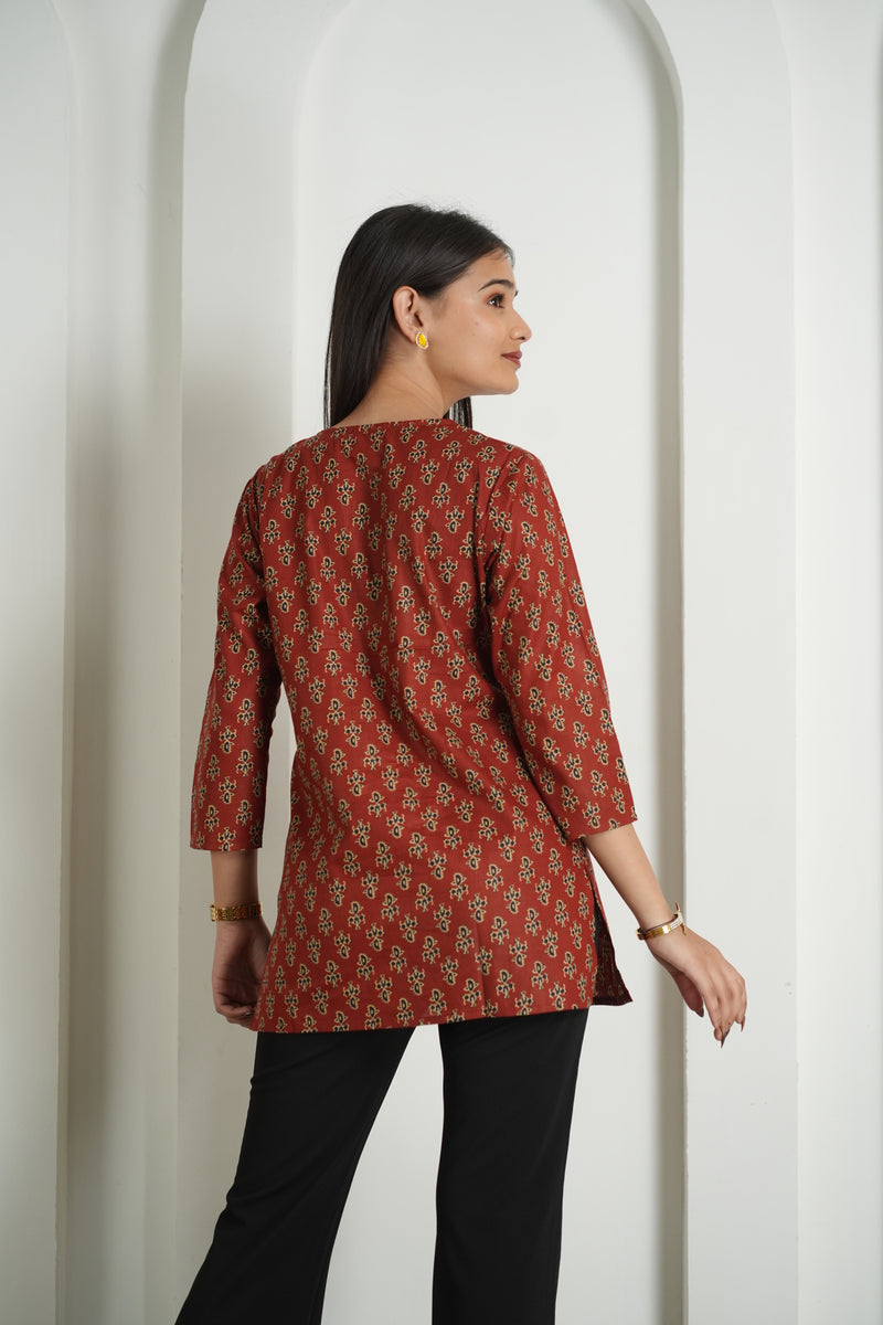 Emerald Green Floral Print Cotton Kurti Top
