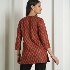 Emerald Green Floral Print Cotton Kurti Top