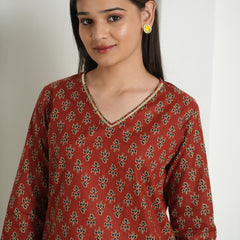 Emerald Green Floral Print Cotton Kurti Top