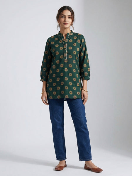 Emerald Green Floral Print Cotton Kurti Top