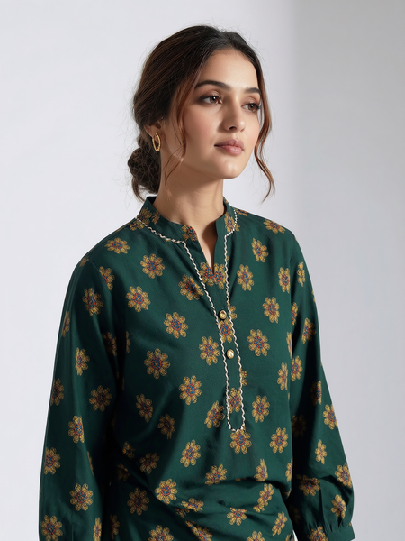 Emerald Green Floral Print Cotton Kurti Top